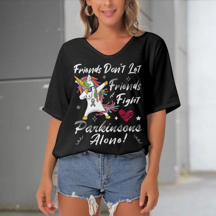 Friends Dont Let Friends Fight Parkinsons Alone Grey Ribbon Parkinsons Parkinsons Awareness Women's Bat Sleeves V-Neck Blouse