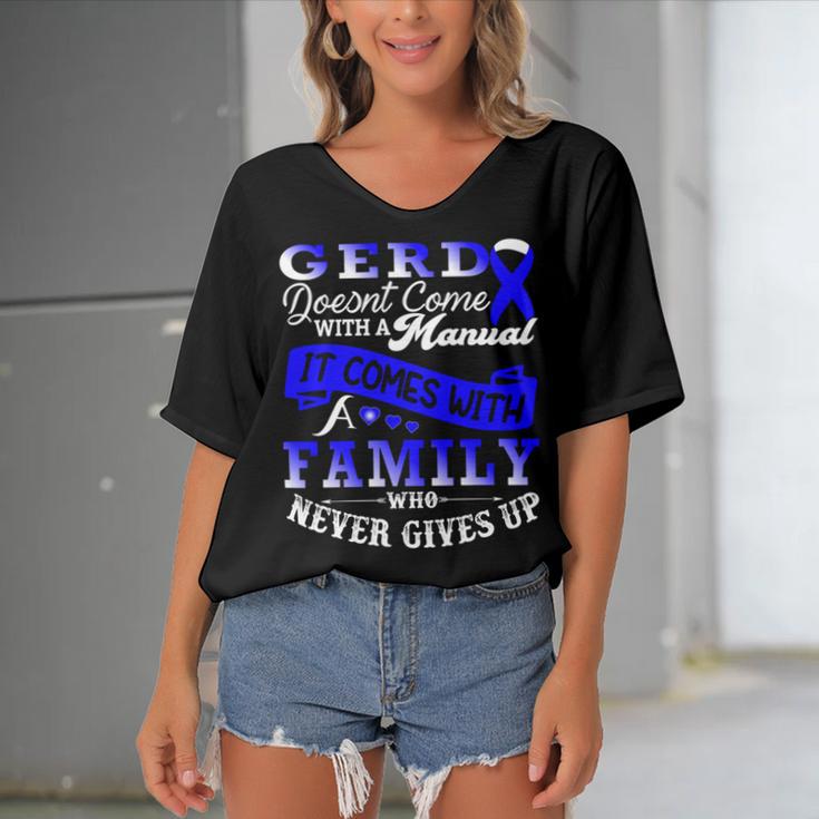 Gerd Doesnt Come With A Manual It Comes With A Family Who Never Gives Up Periwinkle Blue Ribbon Gastroesophageal Reflux Disease Gerd Awareness Women's Bat Sleeves V-Neck Blouse