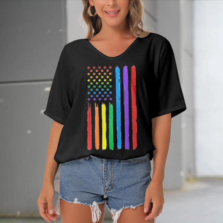 Lgbtq American Flag Pride Rainbow Gay Lesbian Bi Transgender Women's Bat Sleeves V-Neck Blouse
