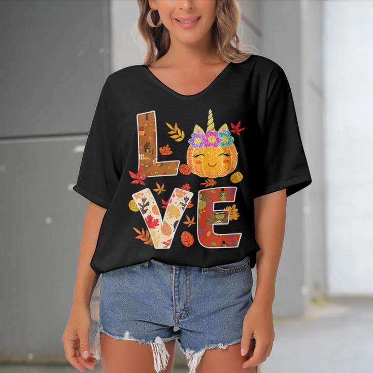 Love Unicorn Turkey Thanksgiving Happy 15 Shirt Women's Bat Sleeves V-Neck Blouse