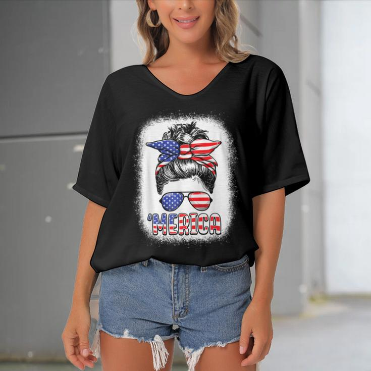 Merica Messy Bun Women Girls American Flag Usa 4Th Of July Women's Bat Sleeves V-Neck Blouse