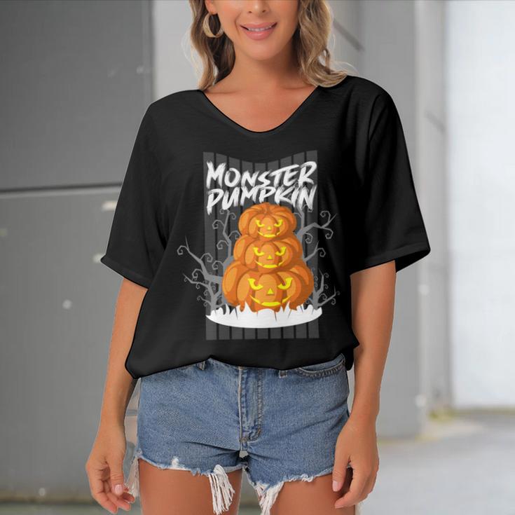 Monster Pumpkin Women's Bat Sleeves V-Neck Blouse