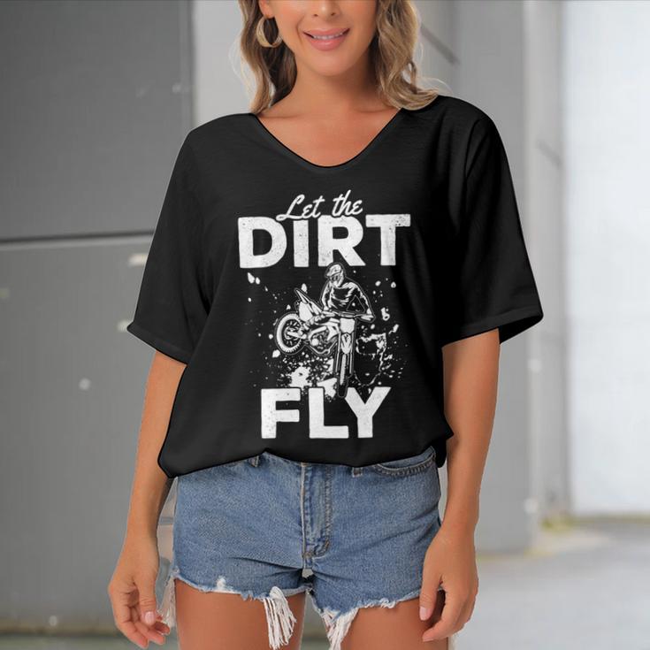 Motorcycle Let The Dirt Fly Dirtbike 494 Shirt Women's Bat Sleeves V-Neck Blouse