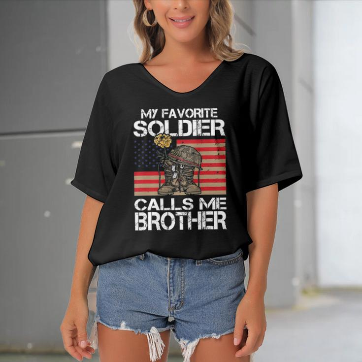 My Favorite Soldier Calls Me Brother Proud Army Bro Women's Bat Sleeves V-Neck Blouse