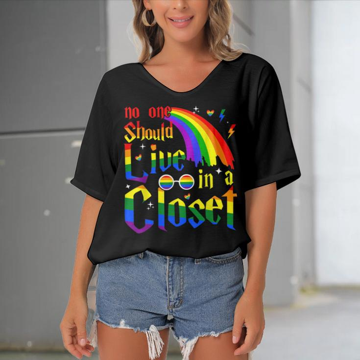 No One Should Live In A Closet Lgbt-Q Gay Pride Proud Ally Women's Bat Sleeves V-Neck Blouse