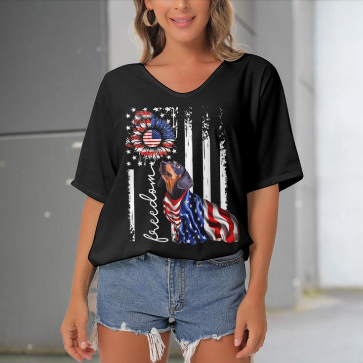 Patriotic 4Th Of July Weiner Dachshund Dog Freedom Women's Bat Sleeves V-Neck Blouse