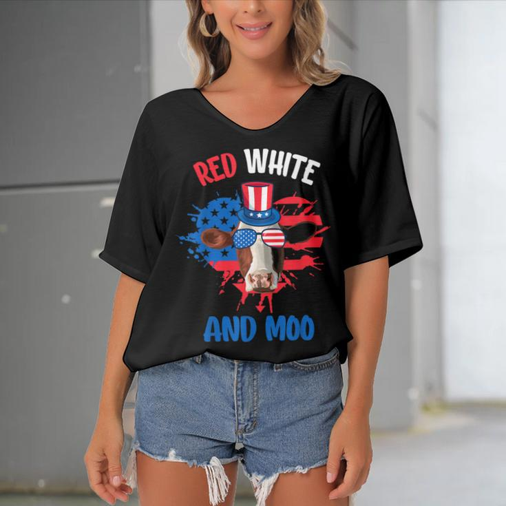 Red White And Moo Patriotic Cow Farmer 4Th Of July Women's Bat Sleeves V-Neck Blouse