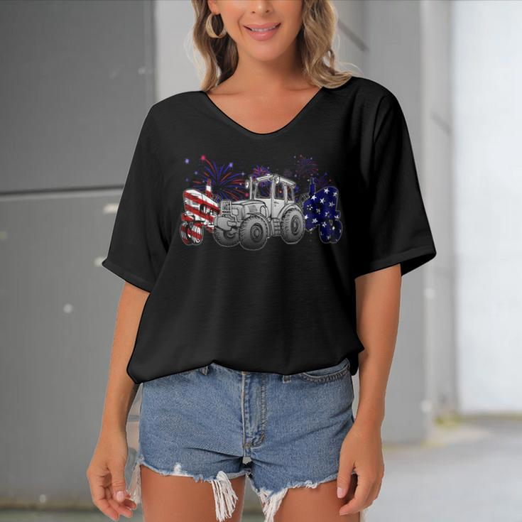 Red White Blue Tractor Usa Flag 4Th Of July Patriot Farmer Women's Bat Sleeves V-Neck Blouse