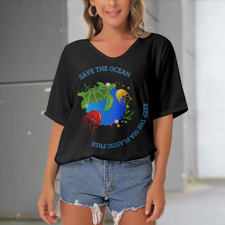 Save The Ocean Keep The Sea Plastic Free Women's Bat Sleeves V-Neck Blouse