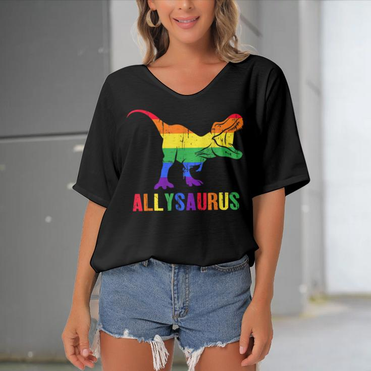 T Rex Dinosaur Lgbt Gay Pride Flag Allysaurus Ally Women's Bat Sleeves V-Neck Blouse