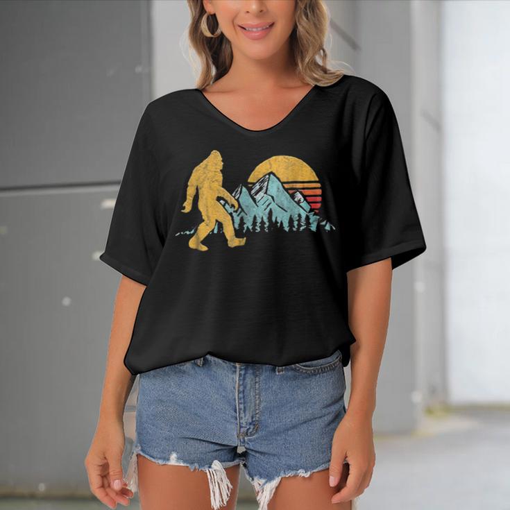 Vintage Retro Bigfoot Believe Silhouette Mountain Sun 234 Shirt Women's Bat Sleeves V-Neck Blouse