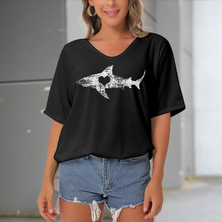 Vintage Shark Silhouette Hammerhead Shark Tiger Shark Heart 158 Trending Shirt Women's Bat Sleeves V-Neck Blouse