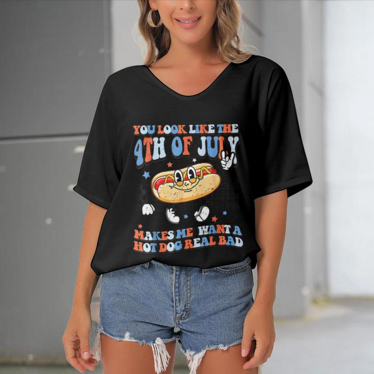 You Look Like 4Th Of July Makes Me Want A Hot Dog Real Bad V2 Women's Bat Sleeves V-Neck Blouse