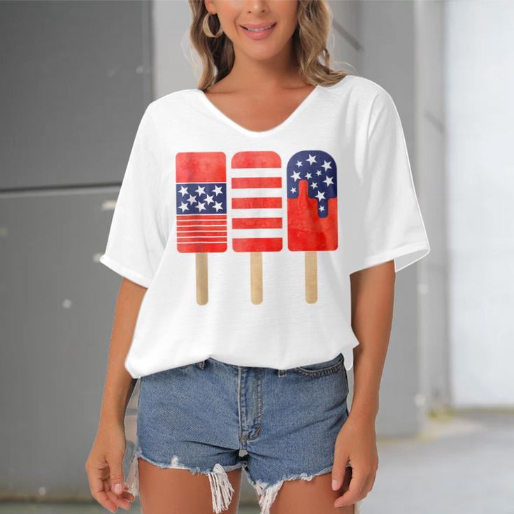 4Th Of July Popsicles Usa Flag Independence Day Patriotic Women's Bat Sleeves V-Neck Blouse