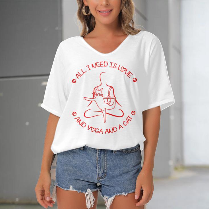 All I Need Is Love And Yoga And A Cat Lovers Gift For Yoga Lovers Red Women's Bat Sleeves V-Neck Blouse