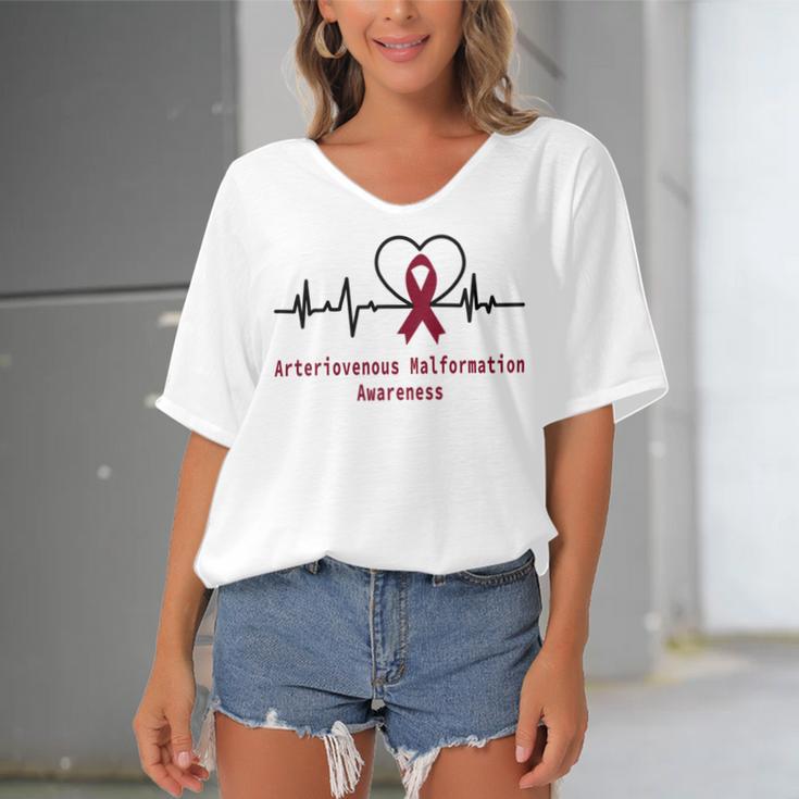 Arteriovenous Malformation Awareness Heartbeat Burgundy Ribbon Arteriovenous Malformation Support Arteriovenous Malformation Awareness Women's Bat Sleeves V-Neck Blouse