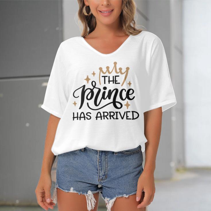 Baby Shower Text Design The Prince Has Arrived Women's Bat Sleeves V-Neck Blouse