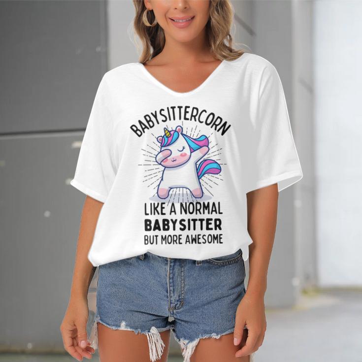 Babysittercorn Funny Unicorn Dabbing Gift Like A Normal Babysitter But More Awesome Women's Bat Sleeves V-Neck Blouse