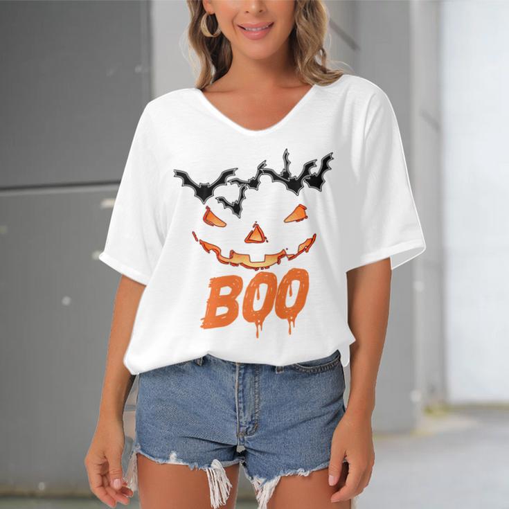 Boo Scary Pumpkin Face Women's Bat Sleeves V-Neck Blouse