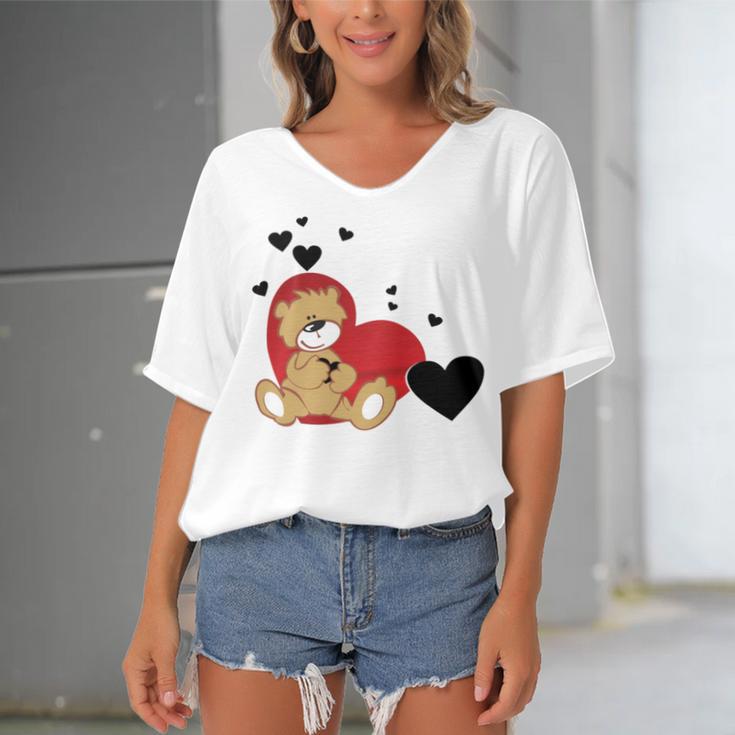 Cartoon Animal Happy Loving Teddy Bear Women's Bat Sleeves V-Neck Blouse