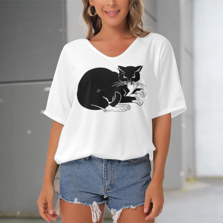 Cat Cut Cat Cat Lovers Black Cat Funny Cat Birthday Cat Gift Cat Danger Kitty V3 Women's Bat Sleeves V-Neck Blouse