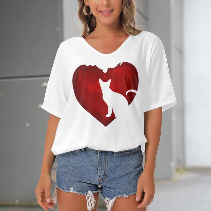 Cat Heart Shirt Cat Lovers Valentine Day Gifts For Couple Women's Bat Sleeves V-Neck Blouse