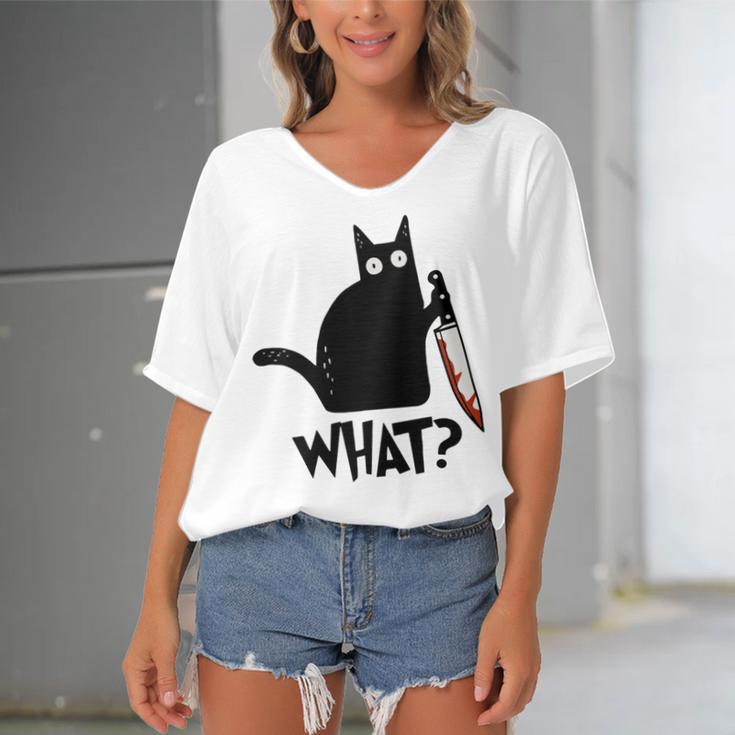 Cat What Murderous Black Cat With Knife Women's Bat Sleeves V-Neck Blouse