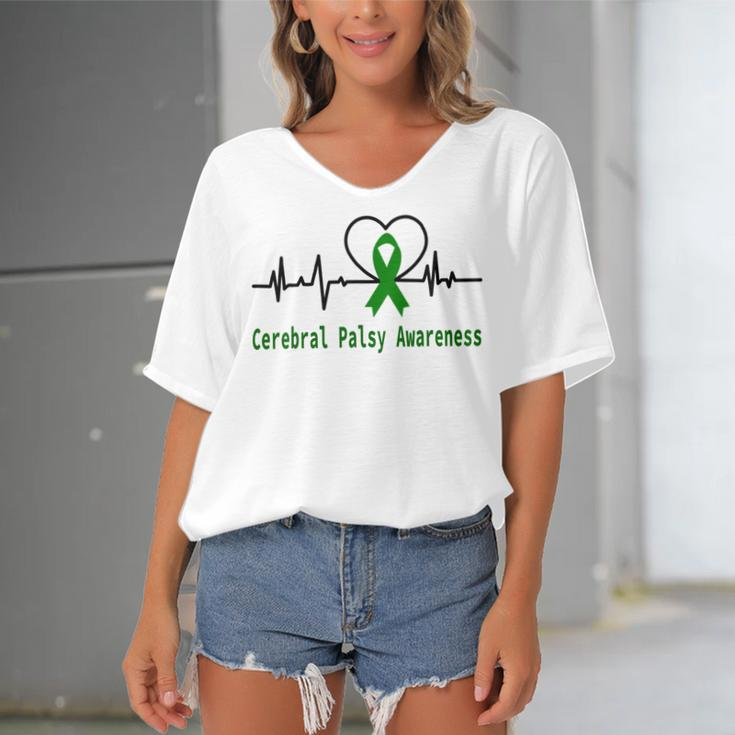 Cerebral Palsy Awareness Heartbeat Green Ribbon Cerebral Palsy Cerebral Palsy Awareness Women's Bat Sleeves V-Neck Blouse