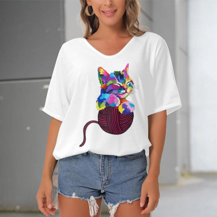 Cute Cat Gift For Kitten Lovers Colorful Art Kitty Adoption Women's Bat Sleeves V-Neck Blouse