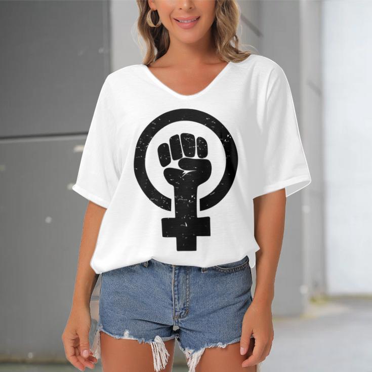 Feminist Raised Fist - Distressed Fitted Women's Bat Sleeves V-Neck Blouse