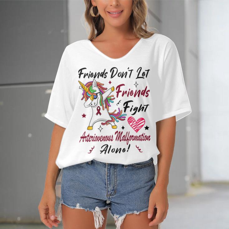 Friends Dont Let Friends Fight Arteriovenous Malformation Alone Unicorn Burgundy Ribbon Arteriovenous Malformation Support Arteriovenous Malformation Awareness Women's Bat Sleeves V-Neck Blouse