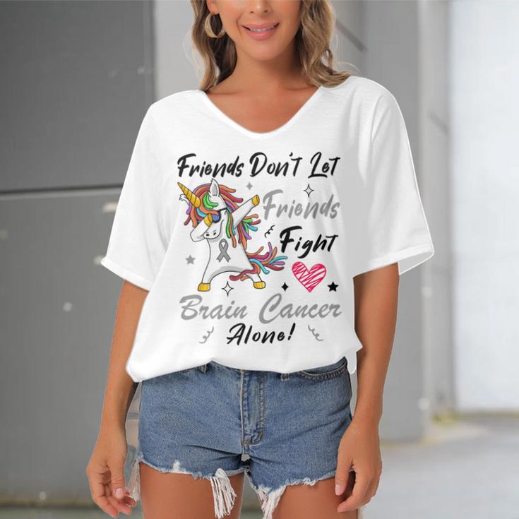 Friends Dont Let Friends Fight Brain Cancer Alone Unicorn Grey Ribbon Brain Cancer Brain Cancer Awareness Women's Bat Sleeves V-Neck Blouse