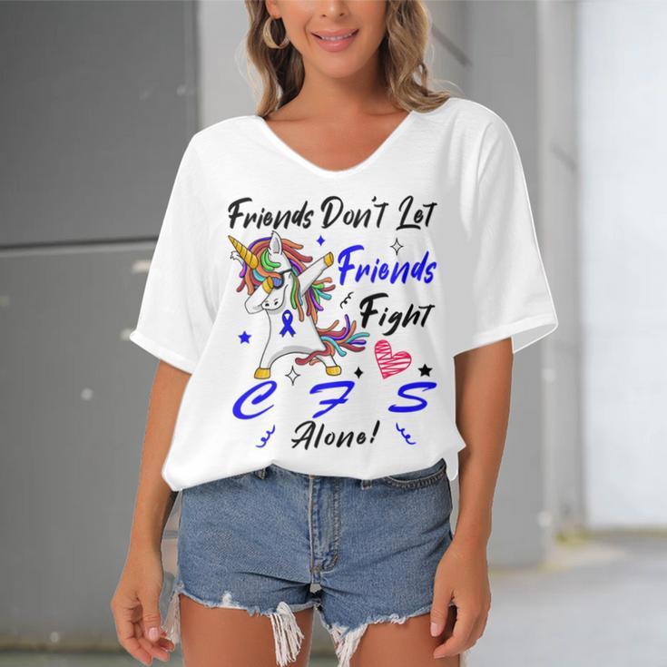 Friends Dont Let Friends Fight Chronic Fatigue Syndrome Cfs Alone Unicorn Blue Ribbon Chronic Fatigue Syndrome Support Cfs Awareness Women's Bat Sleeves V-Neck Blouse