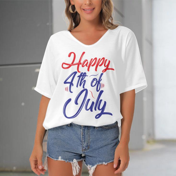 Happy 4Th Of July Dark Red Blue Text Women's Bat Sleeves V-Neck Blouse