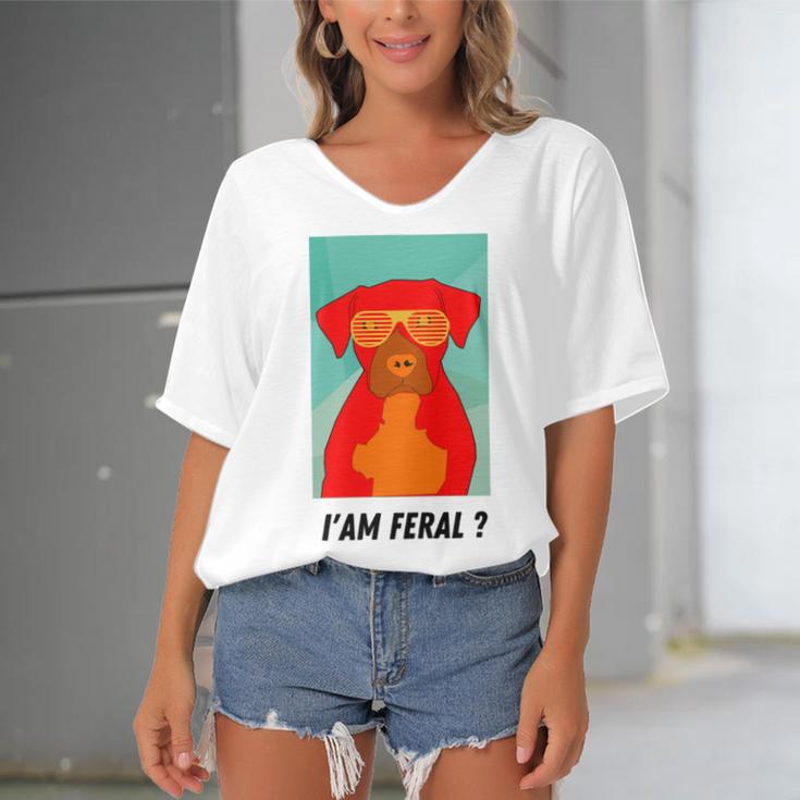 I Am Feral Coll Red Dog Women's Bat Sleeves V-Neck Blouse