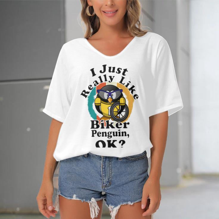 I Really Like Biker Penguin Ok Women's Bat Sleeves V-Neck Blouse