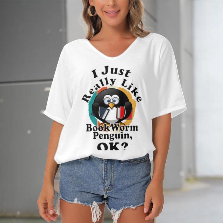 I Really Like Book Worm Penguin Ok Women's Bat Sleeves V-Neck Blouse