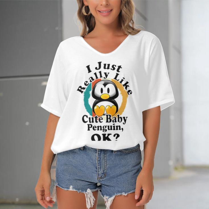 I Really Like Cute Baby Penguin Ok Women's Bat Sleeves V-Neck Blouse