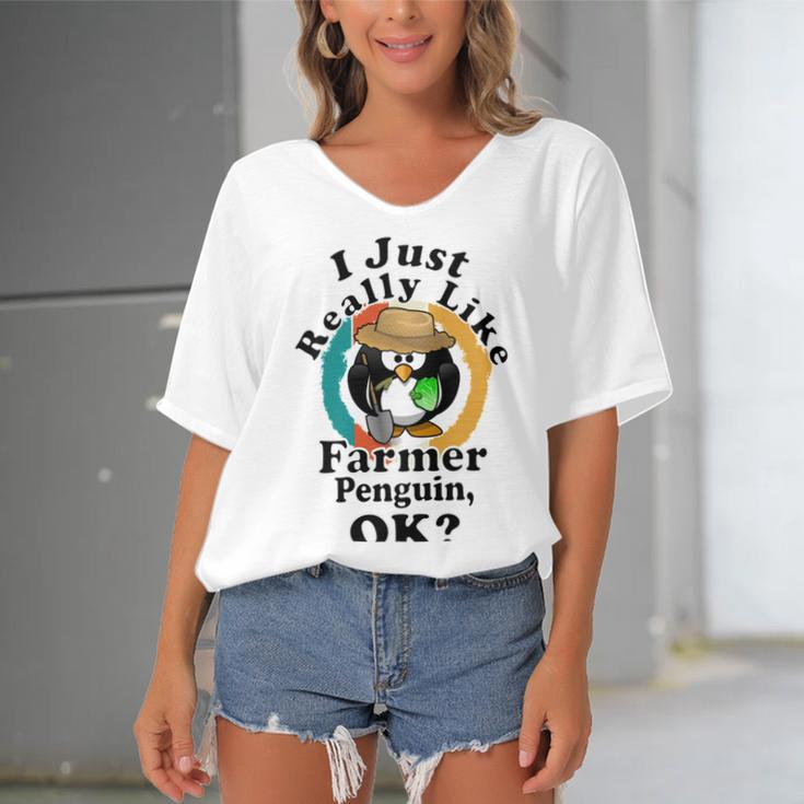 I Really Like Farmer Penguin Ok Women's Bat Sleeves V-Neck Blouse