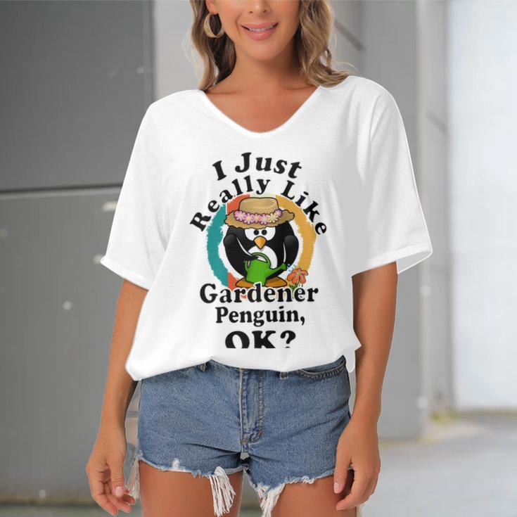 I Really Like Gardener Penguin Ok Women's Bat Sleeves V-Neck Blouse