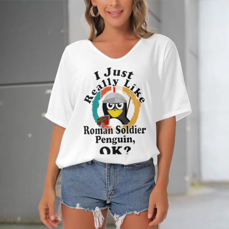 I Really Like Roman Soldier Penguin Ok Women's Bat Sleeves V-Neck Blouse