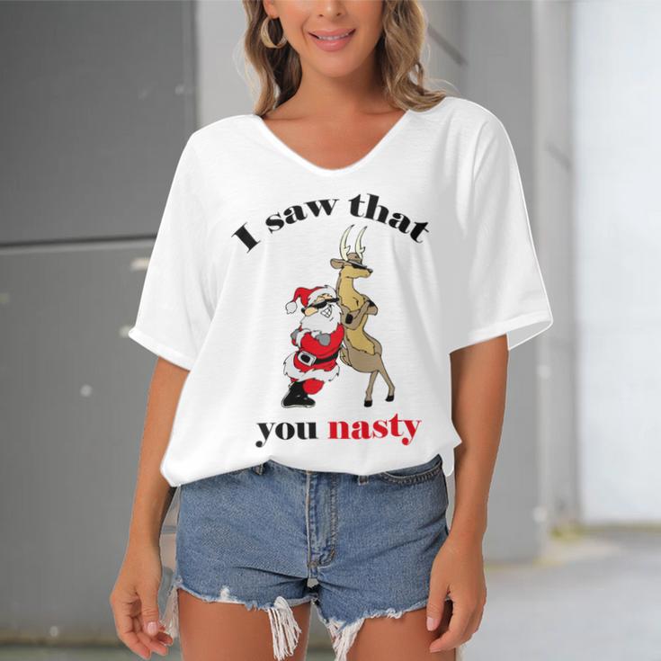 I Saw That You Nasty Red Santa Women's Bat Sleeves V-Neck Blouse