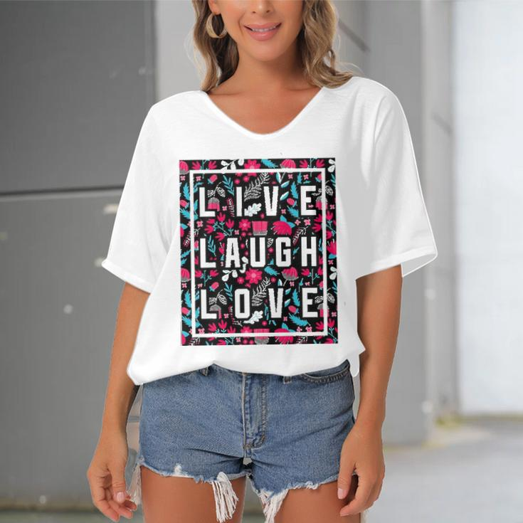 Live Laugh Love Inspiration Cool Motivational Floral Quotes Women's Bat Sleeves V-Neck Blouse