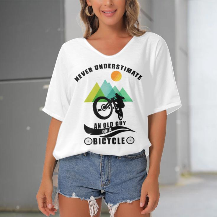 Never Underestimate An Old Guy On A Bicycle Women's Bat Sleeves V-Neck Blouse