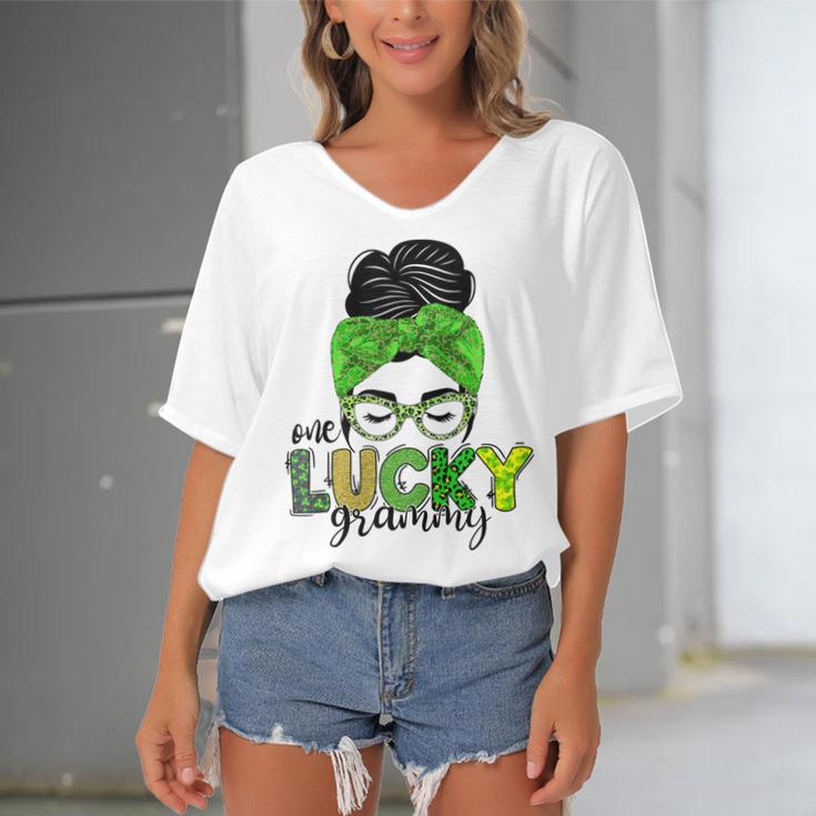 One Lucky Grammy Life Messy Bun St Patricks Day Irish Women's Bat Sleeves V-Neck Blouse