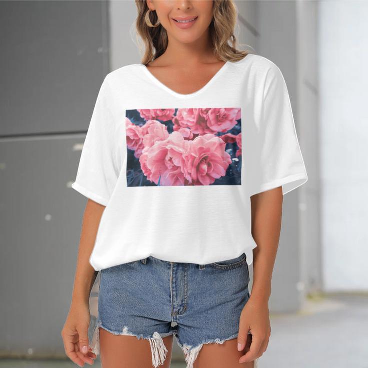 Pink Roses In Garden Women's Bat Sleeves V-Neck Blouse