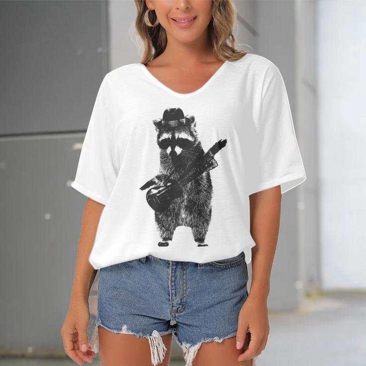 Raccoon Wielding Ukulele Women's Bat Sleeves V-Neck Blouse