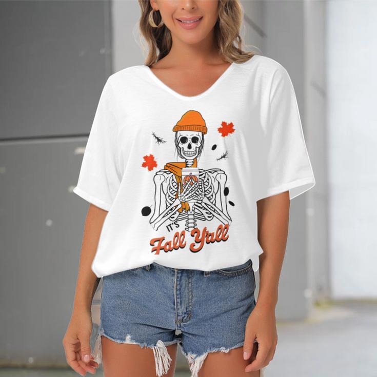 Skeleton It’S Fall Y’All Thanksgiving Funny Autumn Halloween Women's Bat Sleeves V-Neck Blouse