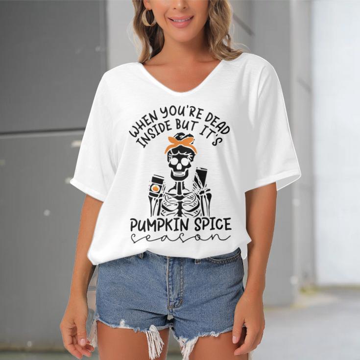 Skeleton When You’Re Dead Inside But It’S Pumpkin Spice Season Skeleton Fall Pumpkin Spice SeasonWomen's Bat Sleeves V-Neck Blouse