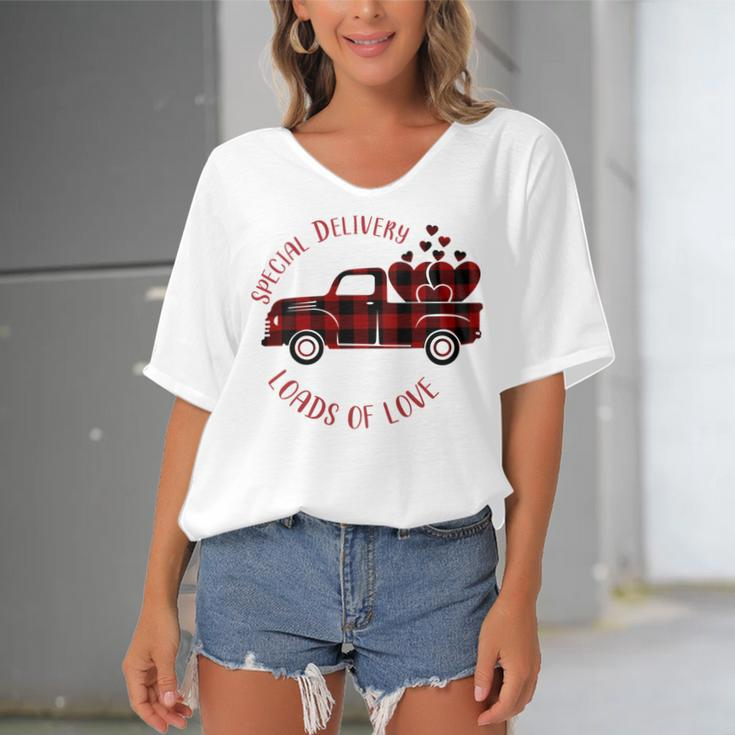 Special Delivery Valentines Car Red Plaid Women's Bat Sleeves V-Neck Blouse